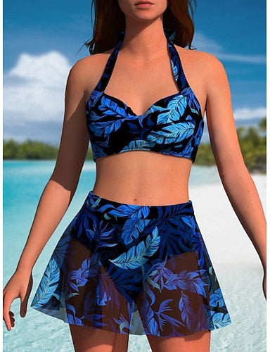 Swimwear Bikini 2 Piece Skirt Swimsuit Slim Backless Vacation Beach Wear Tropical Halter Neck Sleeveless Bathing Suits