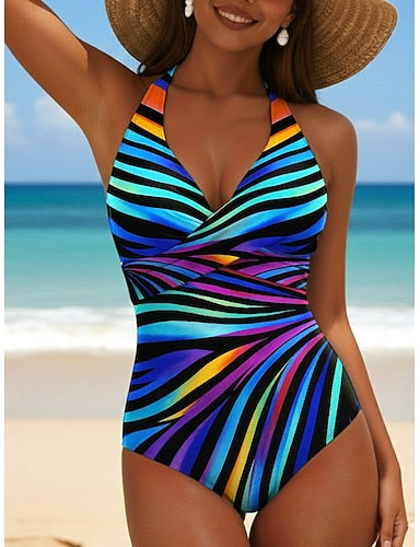 One Piece Swimsuit Slimming Ruched Vacation Beach Wear Striped Sleeveless Bathing Suits