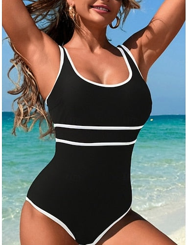 One Piece Swimsuit Slimming Colorblock Monokini Tummy Control High Waist Slim Backless Vacation Beach Wear Stripe U Neck Sleeveless Bathing Suits