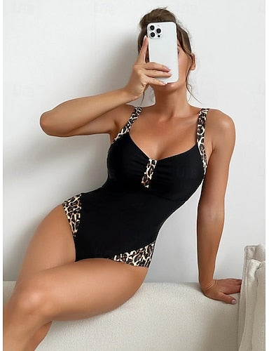 One Piece Swimsuit Slimming Leopard Monokini Tummy Control High Waist Slim Backless Vacation Beach Wear V Neck Sleeveless Bathing Suits