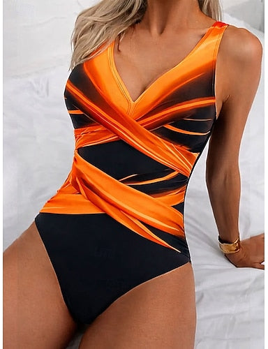 One Piece Swimsuit Slimming Ruched Monokini Briefs Tummy Control High Waist Slim Vacation Ombre Graphic V Neck Sleeveless Bathing Suits