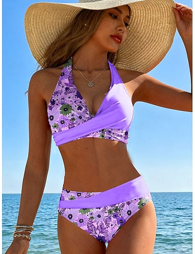 Bikini 2 Piece Swimsuit Ruched Cheeky Vacation Graphic V Neck Sleeveless Bathing Suits