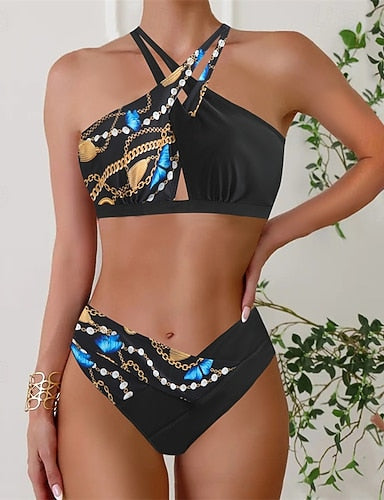 Tankini Two Piece Swimsuit Halter Backless Swimwear Leopard Print Swimwear Blue Black Quick Dry Lightweight Breathable Sleeveless - Surfing Beach Swimming Summer Spring