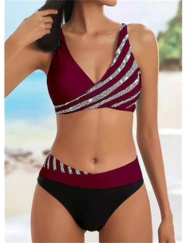 Normal Swimwear Bikini 2 Piece Cheeky Swimsuit Backless 2 Piece Push Up Printing Vacation Stylish Ombre Leaf V Wire Sleeveless Bathing Suits