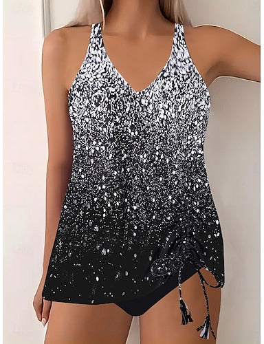 Tankini 2 Piece Swimsuit Cheeky Tummy Control High Waist Slim Backless Vacation Beach Wear Ombre Butterfly V Neck Sleeveless Bathing Suits