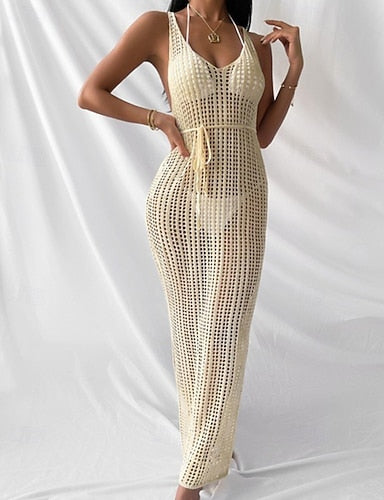 Swimwear Cover Up Dress Swimsuit Cut Out Vacation Beach Wear Plain V Neck Sleeveless Bathing Suits