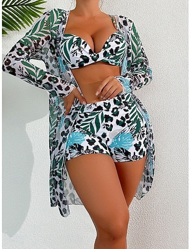 Bikini 3 Piece Swimsuit Underwire Leopard Shorts Slim Backless Vacation Beach Wear V Neck Sleeveless Bathing Suits