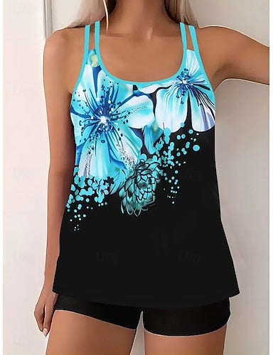 Tankini 2 Piece Swimsuit Palm Shorts Tummy Control High Waist Slim Backless Vacation Beach Wear Ombre Geometic U Neck Sleeveless Bathing Suits