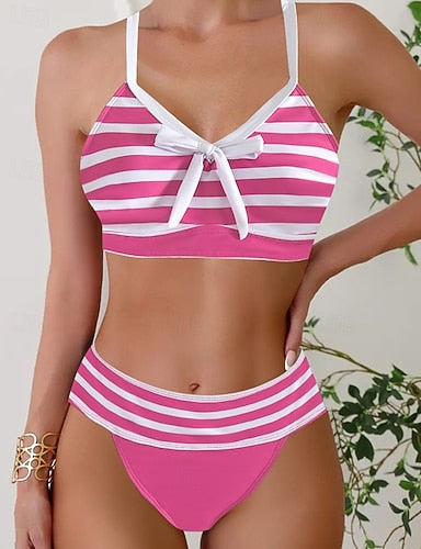 Swimwear 2 Piece Cheeky Swimsuit Backless Vacation Beach Wear Stripe Striped V Neck Sleeveless Bathing Suits