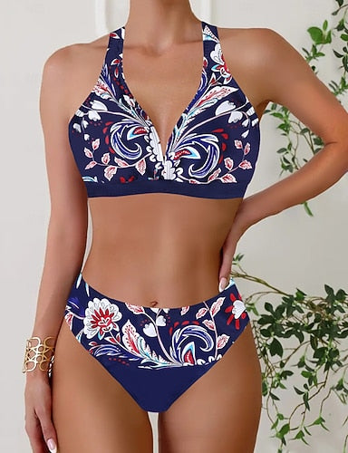 Swimwear Bikini Tankini 2 Piece Cheeky Swimsuit Deep V Push Up Knitted Vacation Tropical Color Block Plunge Sleeveless Bathing Suits
