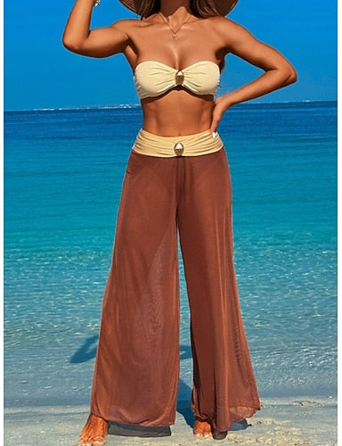 Swimwear Three Piece Pant Swimsuit Ruched Backless Vacation Beach Wear Plain Strapless Sleeveless Bathing Suits
