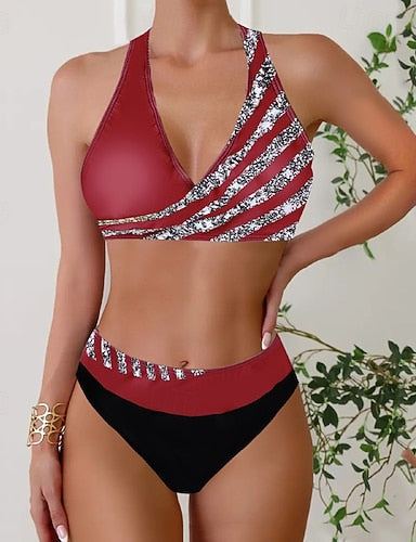 Swimwear 2 Piece Skirt Swimsuit Backless Vacation Beach Wear Stripe Striped V Neck Sleeveless Bathing Suits