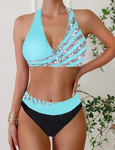 Swimwear 2 Piece Skirt Swimsuit Backless Vacation Beach Wear Stripe Striped V Neck Sleeveless Bathing Suits