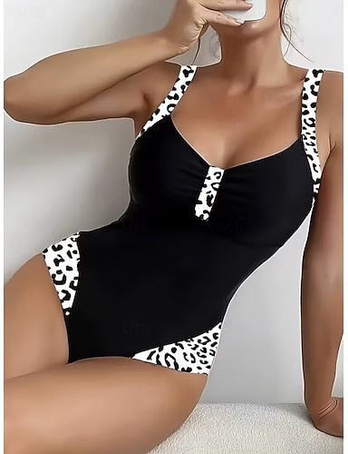 Swimwear One Piece Monokini Briefs Swimsuit Tummy Control High Waist Slim Backless Vacation Graphic Leopard V Neck Sleeveless Bathing Suits
