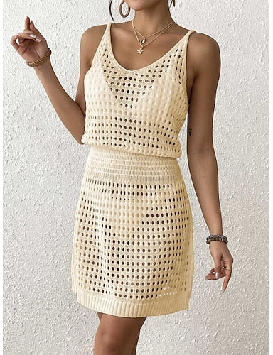 Cover Up Swimsuit Dress Knitted Vacation Beach Wear Color V Neck Sleeveless Bathing Suits