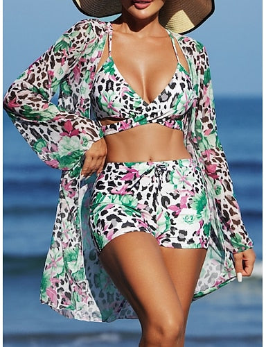 Bikini 3 Piece Swimsuit Shorts Slim Backless Vacation Beach Wear V Neck Sleeveless Bathing Suits