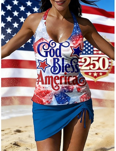 Independence Day American Anniversary Patriotic Swimwear Tankini Skirt Swimsuit Vacation Graphic Flag Halter Neck Sleeveless Bathing Suits