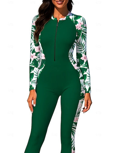 Medium Rash Guard Full Body Rash Guard One Piece Surfing Suit Tropical Zip Up With Built in Bra Front Zip Uv Sun Protection Full Coverage Upf50+ Long Sleeve Full Body Swimwear Bodysuit