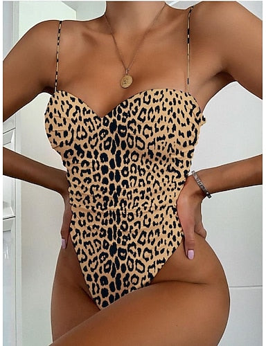 One Piece Swimsuit Slimming Cutout Underwire Leopard Monokini Tummy Control High Waist Slim Backless Vacation Beach Wear Color V Neck Sleeveless Bathing Suits
