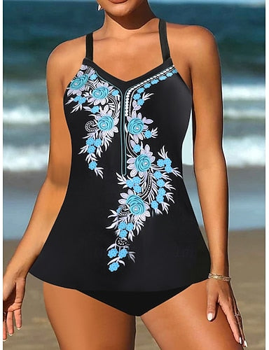Tankini 2 Piece Swimsuit Cheeky Tummy Control High Waist Slim Backless Vacation Beach Wear Ombre U Neck Sleeveless Bathing Suits