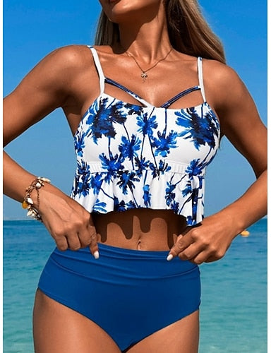 Swimwear Bikini 2 Piece High Waist Swimsuit High Waist Slim Backless Vacation Beach Wear Tropical V Neck Sleeveless Bathing Suits