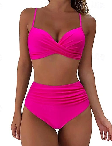 Ruched Swimsuit Bikini Sets Swimwear Colored Swimwear Light Pink Black Breathable Sleeveless - Surfing Beach Swimming Summer
