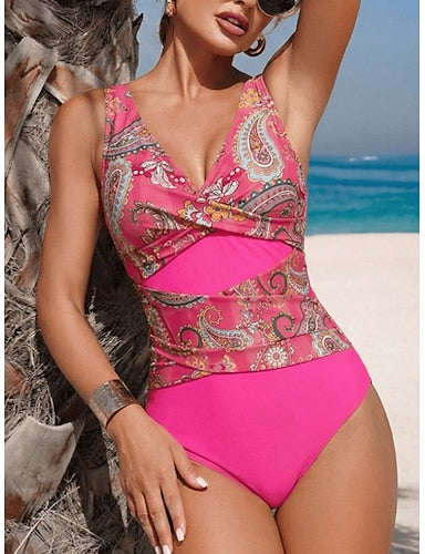 Swimwear One Piece Monokini Swimsuit Tummy Control High Waist Slim Backless Vacation Beach Wear Ombre Leopard V Neck Sleeveless Bathing Suits