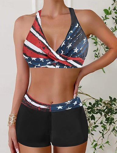 Swimwear 2 Piece Shorts Swimsuit Backless Vacation Beach Wear Geometic V Neck Sleeveless Bathing Suits