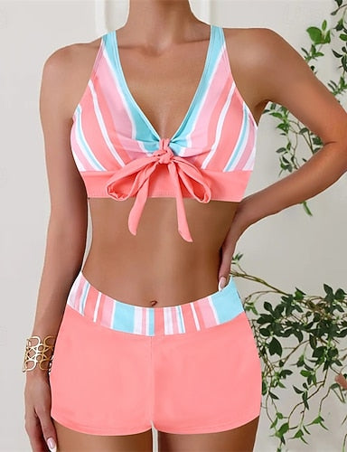 Tankini Two Piece Swimsuit Criss Cross Open Back Swimwear Swimwear Pink Red Breathable Quick Dry Lightweight Sleeveless - Swimming Surfing Beach Summer Spring