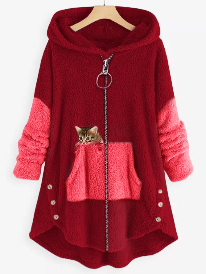 Manteau polaire à capuche avec panneaux colorblock et poche brodée d'un chaton