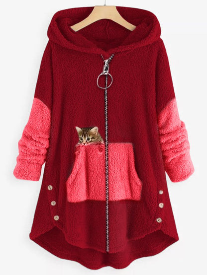 Manteau polaire à capuche avec panneaux colorblock et poche brodée d'un chaton