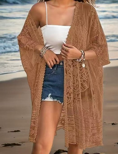 Swimwear Cover Up Swimsuit Lace Vacation Beach Wear Plain V Neck Long Sleeve Bathing Suits