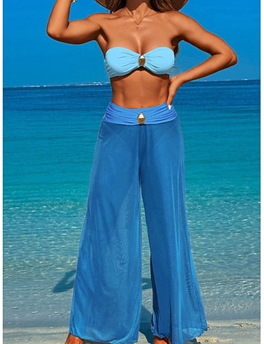 Swimwear Three Piece Pant Swimsuit Ruched Backless Vacation Beach Wear Plain Strapless Sleeveless Bathing Suits
