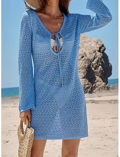 Swimwear Cover Up Swim Dress Dress Swimsuit Cutout Vacation Beach Wear Plain V Neck Long Sleeve Bathing Suits