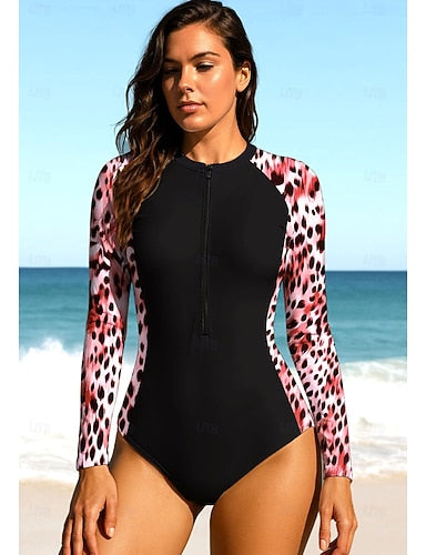 Rash Guard Dive Skin Suit Bathing Suit Swimsuit Set Leopard Zip Up Upf50+ Quick Dry Lightweight Long Sleeve Swim Shirt Surfing Beach Water Sports Summer