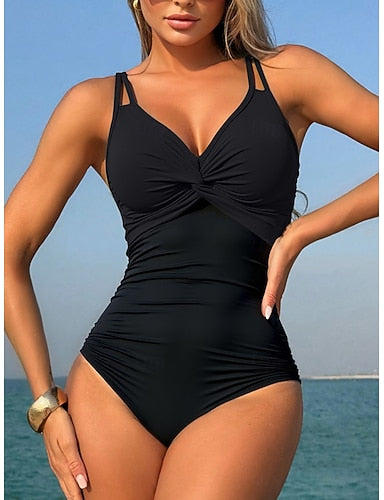 One Piece Swimsuit Ruched Colorblock Monokini Tummy Control High Waist Slim Backless Vacation Beach Wear Color V Neck Sleeveless Bathing Suits