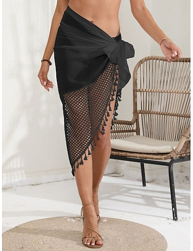 Cover Up Swimsuit Wrap Fringe Hem Vacation Beach Wear Color Sleeveless Bathing Suits