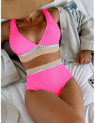 Bikini 2 Piece Swimsuit Briefs Tummy Control High Waist Slim Backless Vacation Beach Wear Color V Neck Sleeveless Bathing Suits