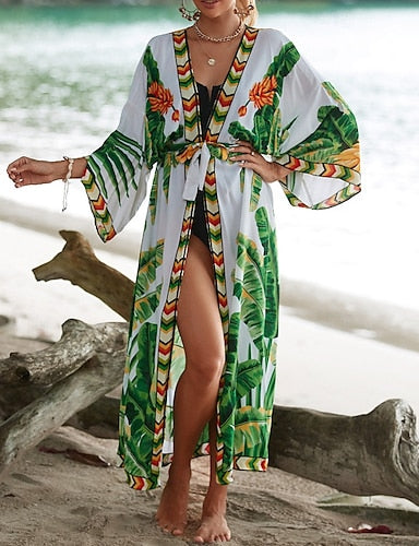 Swimwear Cover Up Swimsuit Tie Front Tropical Beach Wear Flower V Neck Long Sleeve Bathing Suits