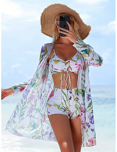 Bikini 3 Piece Swimsuit Shorts Slim Backless Vacation Beach Wear Graphic V Neck Sleeveless Long Sleeve Bathing Suits
