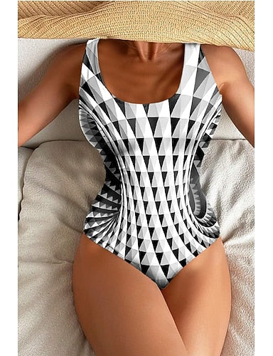 One Piece Swimsuit Slimming Colorblock Tummy Control Bathing Suits Geometric Vertical Stripe Print Scoop Neck Sleeveless Sporty S Black White Summer Beach Poolside