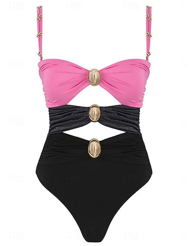 One Piece Swimsuit Ruched Cutout Underwire Monokini Tummy Control High Waist Slim Backless Vacation Beach Wear Color Block V Neck Sleeveless Bathing Suits