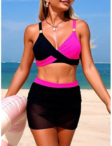Swimwear Bikini 2 Piece Skirt Swimsuit Slim Backless Vacation Beach Wear Color V Neck Sleeveless Bathing Suits