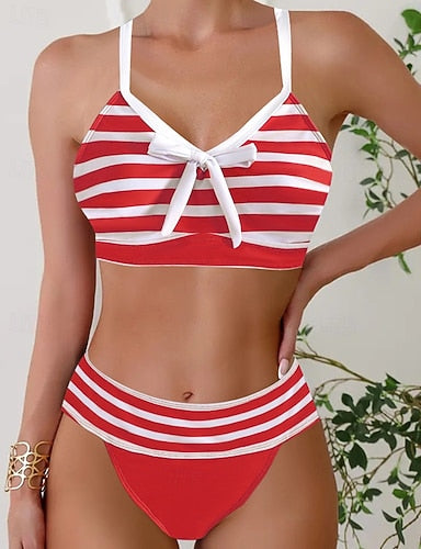 Swimwear 2 Piece Cheeky Swimsuit Backless Vacation Beach Wear Stripe Striped V Neck Sleeveless Bathing Suits