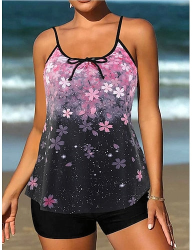 Tankini 2 Piece Swimsuit Shorts Tummy Control High Waist Slim Backless Vacation Beach Wear Paisley U Neck Sleeveless Bathing Suits