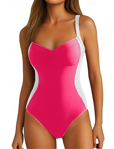 One Piece Swimsuit Slimming Colorblock Monokini Briefs Tummy Control High Waist Slim Backless Vacation Color Block V Neck Sleeveless Bathing Suits