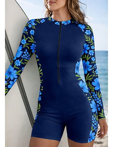 Rash Guard Bathing Suit Athletic Swimwear Tropical Zip Up Removable Pad Front Zip Uv Sun Protection Upf50+ Ultra Light (ul) Long Sleeve Swimwear Sun Shirt Surfing Beach Water Sports