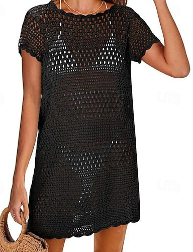 Swimwear Cover Up Swimsuit Cut Out Crochet Vacation Beach Wear Plain Round Neck Short Sleeves Bathing Suits