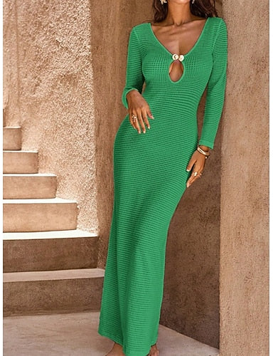 Maxi Long Dress Beach Dress Summer Dress Modern Outdoor Beach Vacation Loose Fit Plain Long Sleeve V Neck Black Brown Green Beige Summer Spring