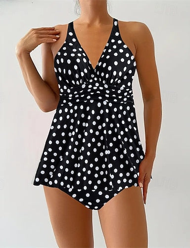 Tankini Two Piece Swimsuit Criss Cross Swimwear Spot Swimwear Black Blue Breathable Quick Dry Lightweight Sleeveless - Swimming Surfing Beach Summer Spring